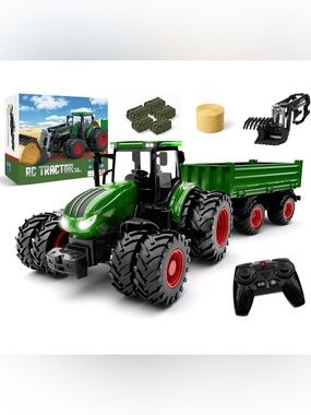 Remote Control Tractor Toy with Trailer Front & Front Loader Farm Vehicle Set
